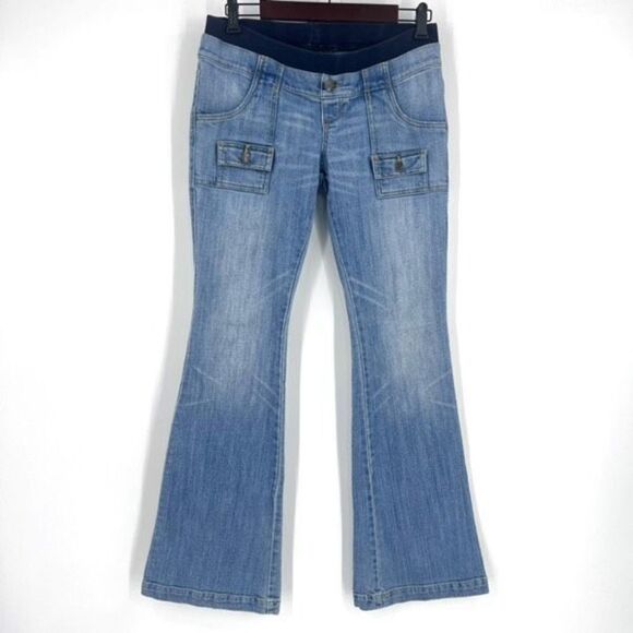 Old Navy Maternity Skinny Flare Low Rise Med Wash Blue Denim Jeans Size 1 XS 90s - Picture 1 of 10